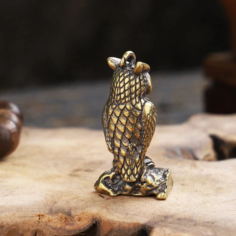 Antique Solid Brass Standing Owl Miniature Figurines Retro Copper Animal Tea Pet Desktop Ornament Decor Crafts Keychain Pendants