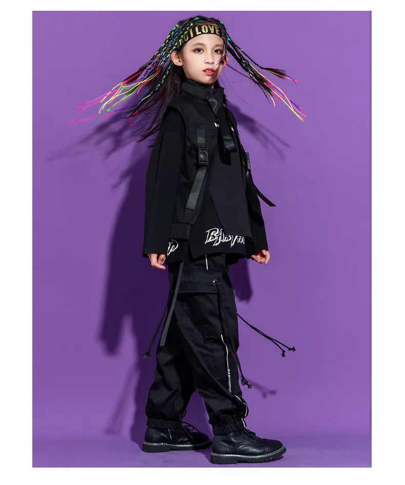 Boy Hip Hop Girl High Collar Vest Cargo Pants Outfits Child Sweatshirt Joggers Street Dance Kids Waistcoat Streetwear Costumes