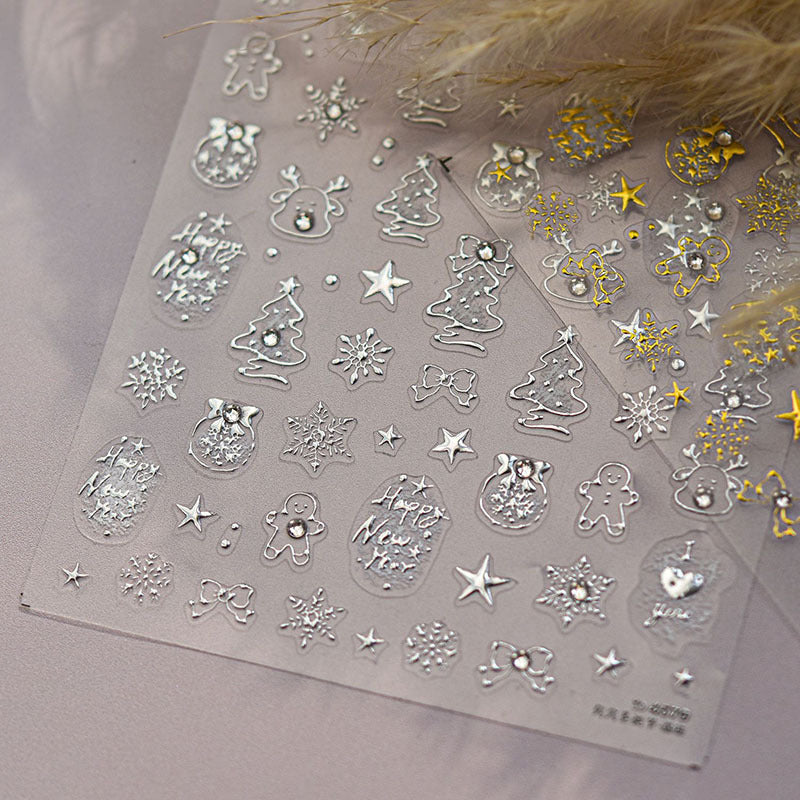 Gold Foil Christmas Tree Nail Stickers New Embossed Ins 3D Internet Celebrity 3D Snowflake Nail Stickers Decoration