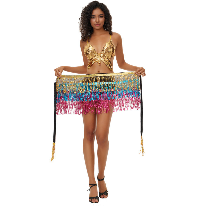 Halloween New Belly Dance Beads Waist Chain 4 Layer Beads Sequins Dance Performance Hip Towel Tassel Waist Seal Belt