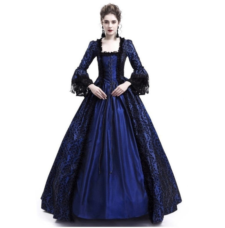 Cross-border foreign trade Halloween Victorian court dress women's long dress lace stitching bell sleeve dress women