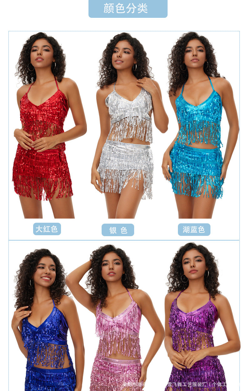 Halloween European and American sequins watch performance top belly dance tassel top DS nightclub stage sling party bra
