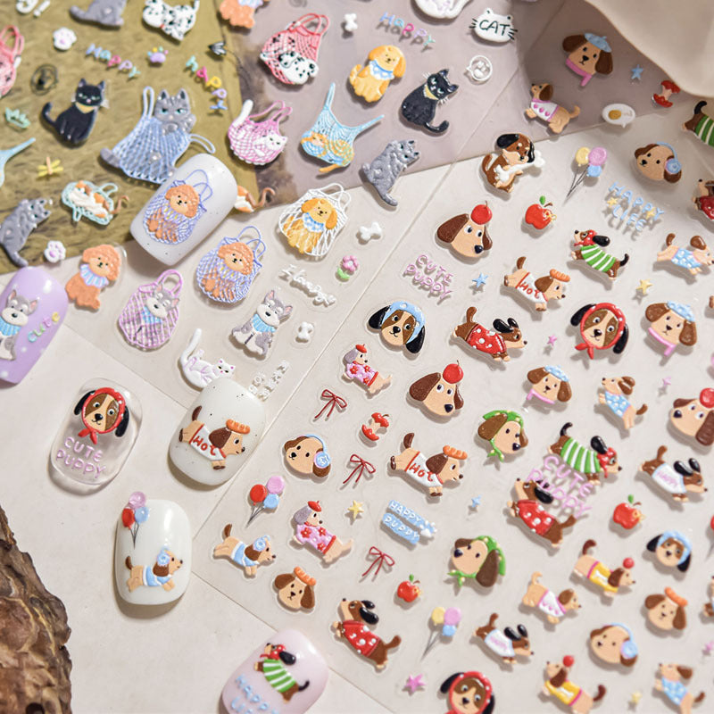 Happy Cute Pet Cat and Puppy Nail Art Stickers Embossed New 3D Stereo 5D Cute Nail Sticker Decorations