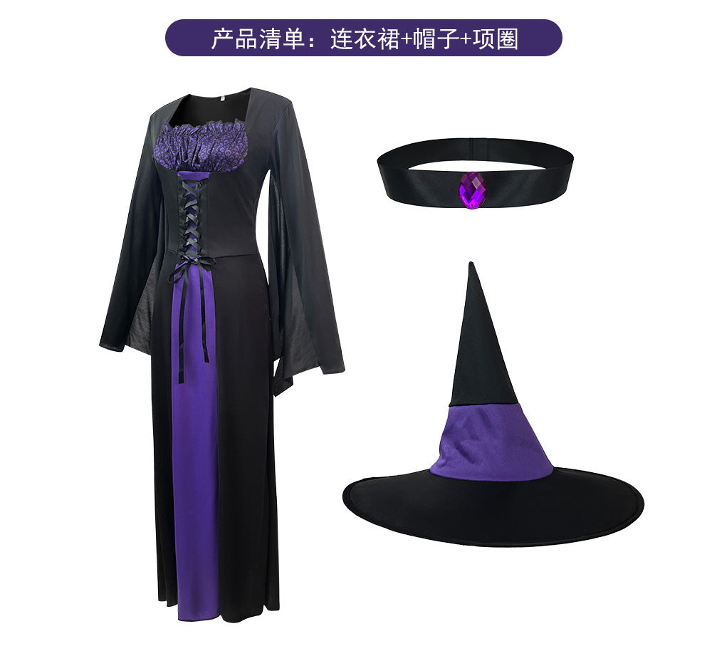 Amazon Cross-Border Halloween Purple Witch Costume Magician Long Skirt Wizard Cosplay Stage Performance Costume