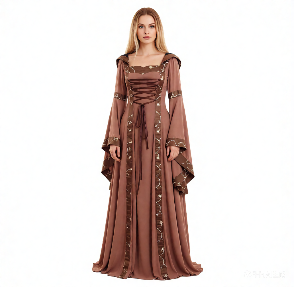 5XL Castle Queen Halloween Retro Medieval Hooded Dress Square Neck Lace-Up Swing Skirt Stage Performance