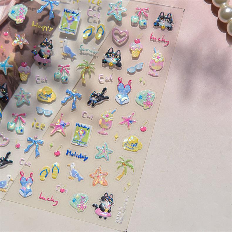 Kitten's Summer Nail Art Stickers Embossed New 3D Ins Fresh Ocean Cute Pet Nail Stickers Decoration