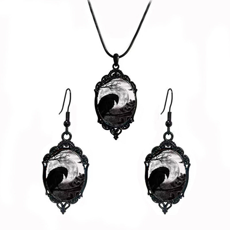 Cross-Border Hot Selling Halloween Gothic Crow Earrings Necklace Set Factory Direct Sale