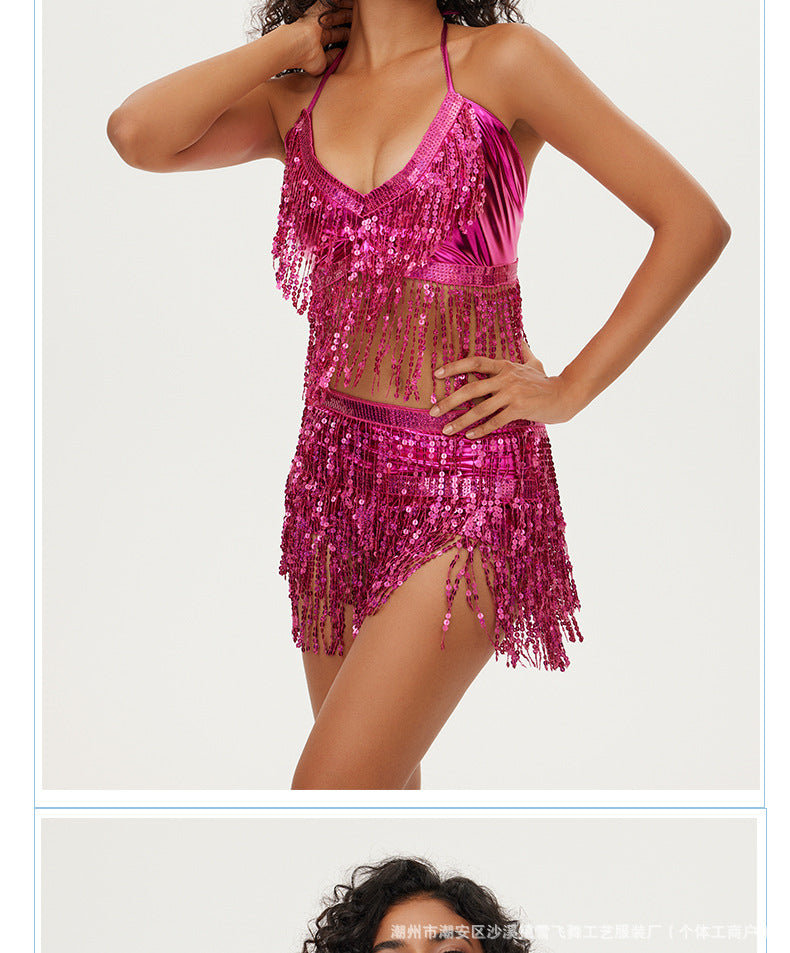 Halloween European and American sequins watch performance top belly dance tassel top DS nightclub stage sling party bra