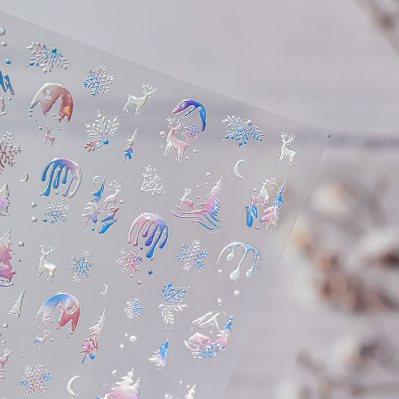 Fantasy Christmas Nail Art Stickers Tomoni Embossed Adhesive Popular Ins Colorful Snowflake Nail Sticker Decorations