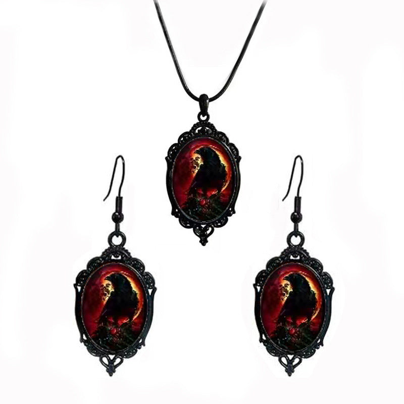 Cross-Border Hot Selling Halloween Gothic Crow Earrings Necklace Set Factory Direct Sale