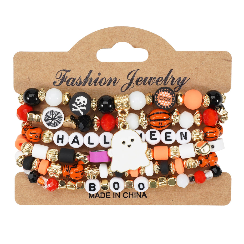 Halloween Bracelet Boo Halloween European and American Cross-Border Beaded Elastic Halloween Bracelet 6 Pieces/Set