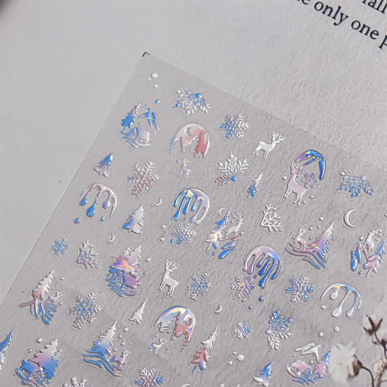 Fantasy Christmas Nail Art Stickers Tomoni Embossed Adhesive Popular Ins Colorful Snowflake Nail Sticker Decorations