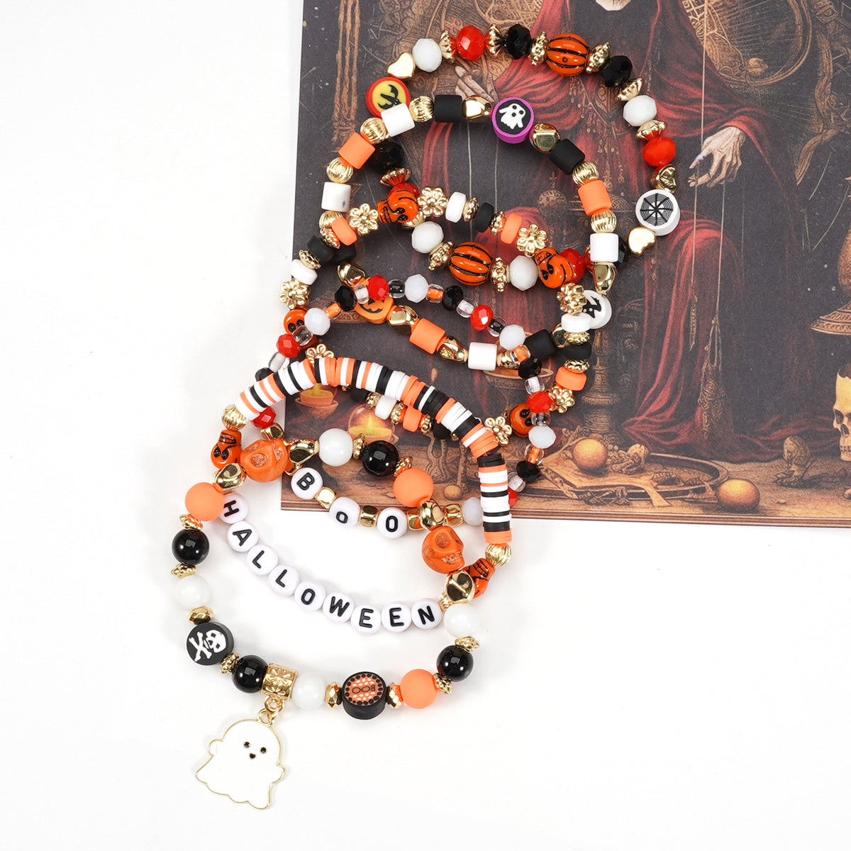 Halloween Bracelet Boo Halloween European and American Cross-Border Beaded Elastic Halloween Bracelet 6 Pieces/Set