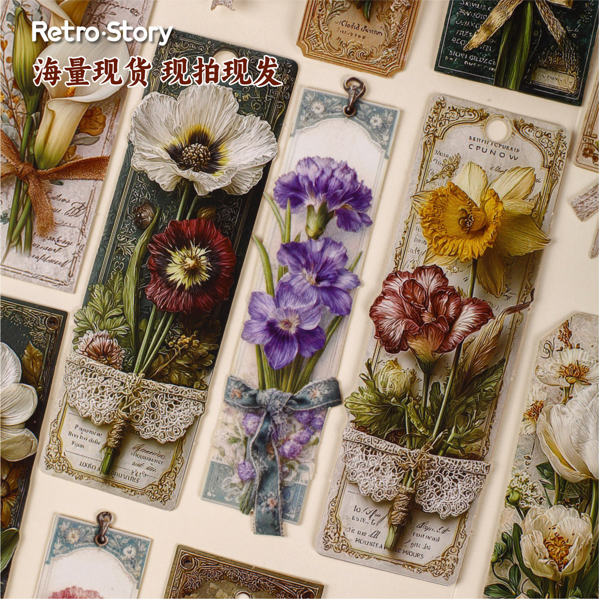 Retrostory Book Note Series Vintage Floral Stickers 16 Pieces Bookmark Labels Personalized Decoration Collage for Journals