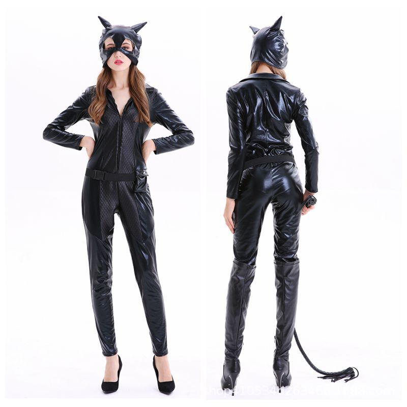 One-Piece Catwoman Halloween Party Patent Leather Catwoman Nightclub Cosplay Costume Black Tight Game Suit