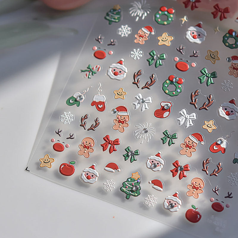 Crystal Diamond Happy Christmas Nail Art Stickers Tomoni Embossed Ins Cute Elk Gingerbread Man Nail Sticker Decoration