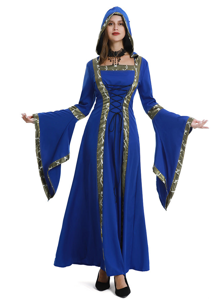 European and American Halloween Retro Medieval Hooded Dress Square Collar Lace-up Trumpet Sleeve Large Dress Stage Performance Dress