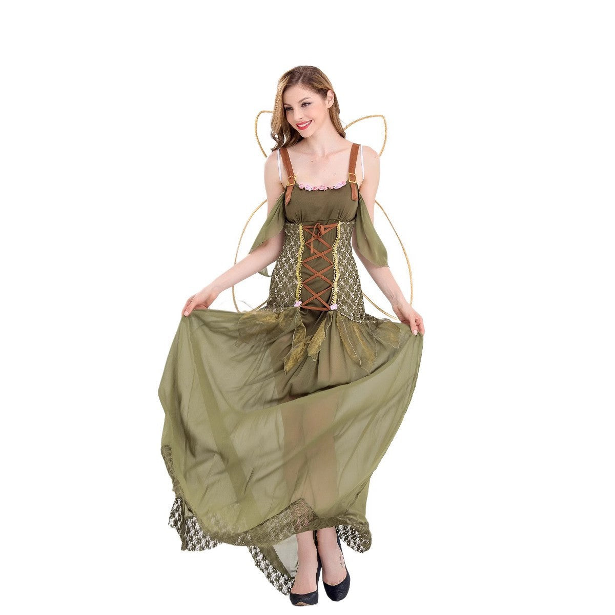 2025 Halloween New Costume Forest Green Elf Flower Fairy Princess Angel Long Dress Ds Performance Costume