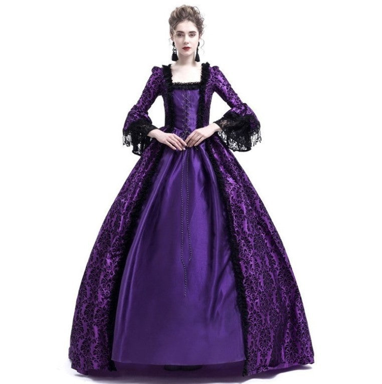 Cross-border foreign trade Halloween Victorian court dress women's long dress lace stitching bell sleeve dress women