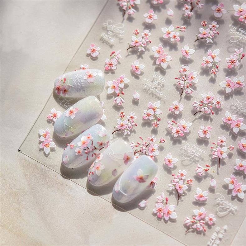 Spring Cherry Blossom Nail Stickers New Embossed 5D Three-Dimensional Japanese Style Internet Celebrity Ins Flower Nail Sticker Decorations