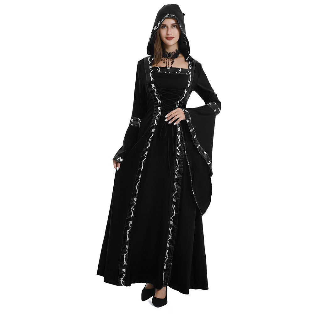 European and American Halloween Retro Medieval Hooded Dress Square Collar Lace-up Trumpet Sleeve Large Dress Stage Performance Dress
