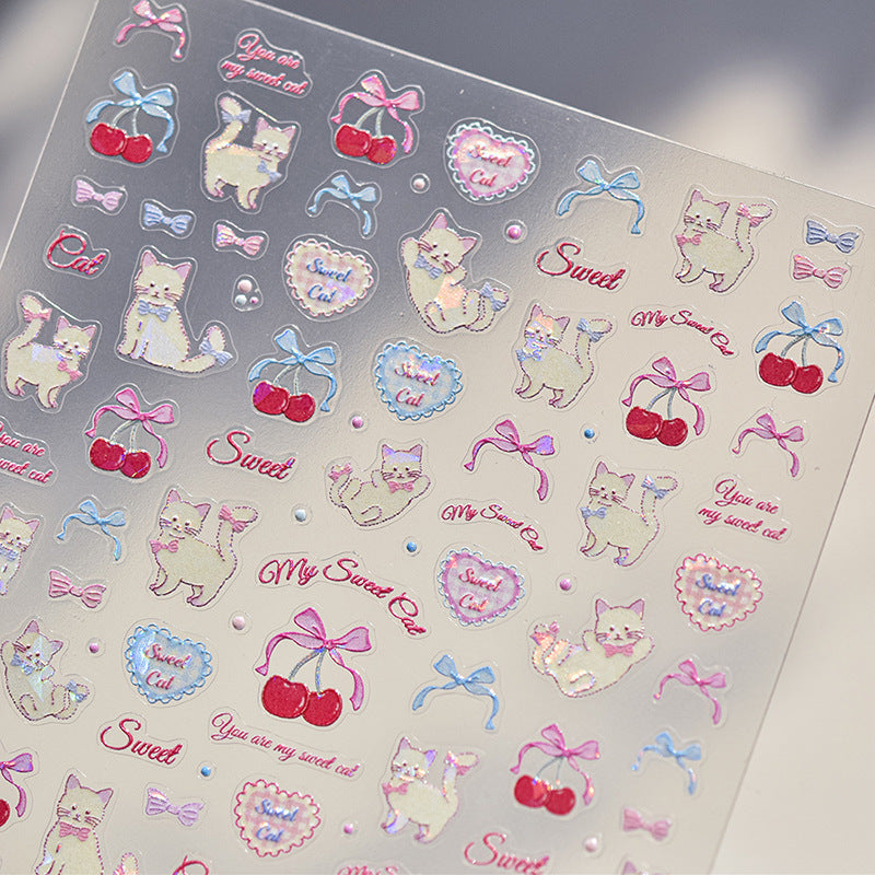 Cherry Kitten Nail Art Stickers New Embossed 5D Stereo Cute Bow Cute Pet Nail Sticker Decoration