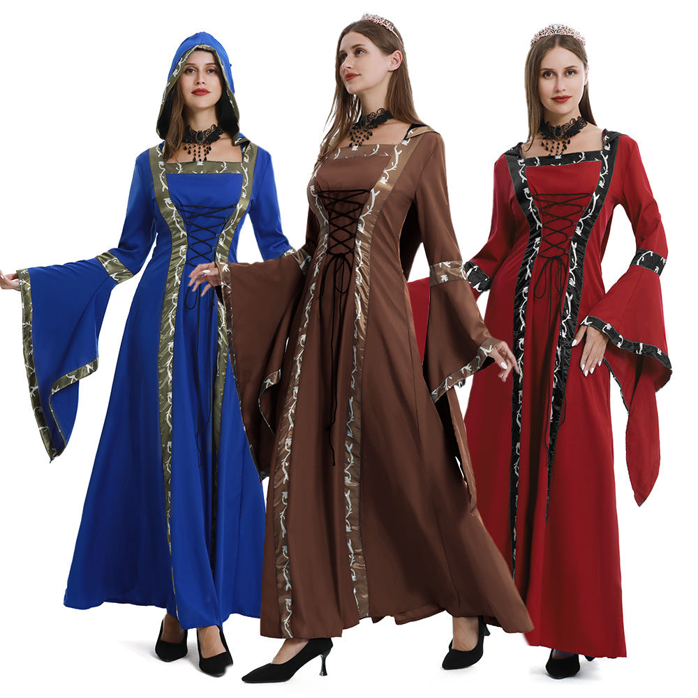 European and American Halloween Retro Medieval Hooded Dress Square Collar Lace-up Trumpet Sleeve Large Dress Stage Performance Dress