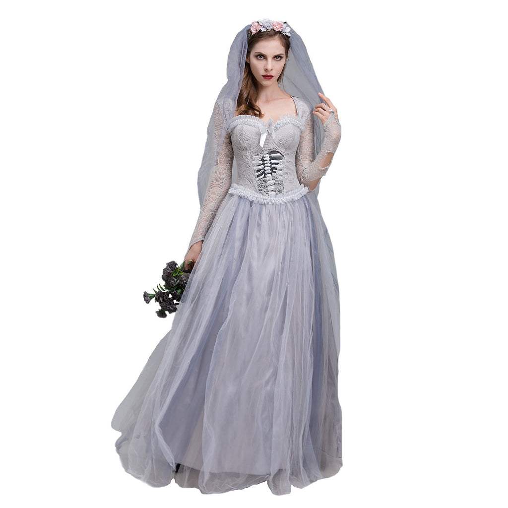 Foreign Trade Halloween Horror Gray Skeleton Ghost Bride Dress Ghost Zombie Costume for Masquerade Performance