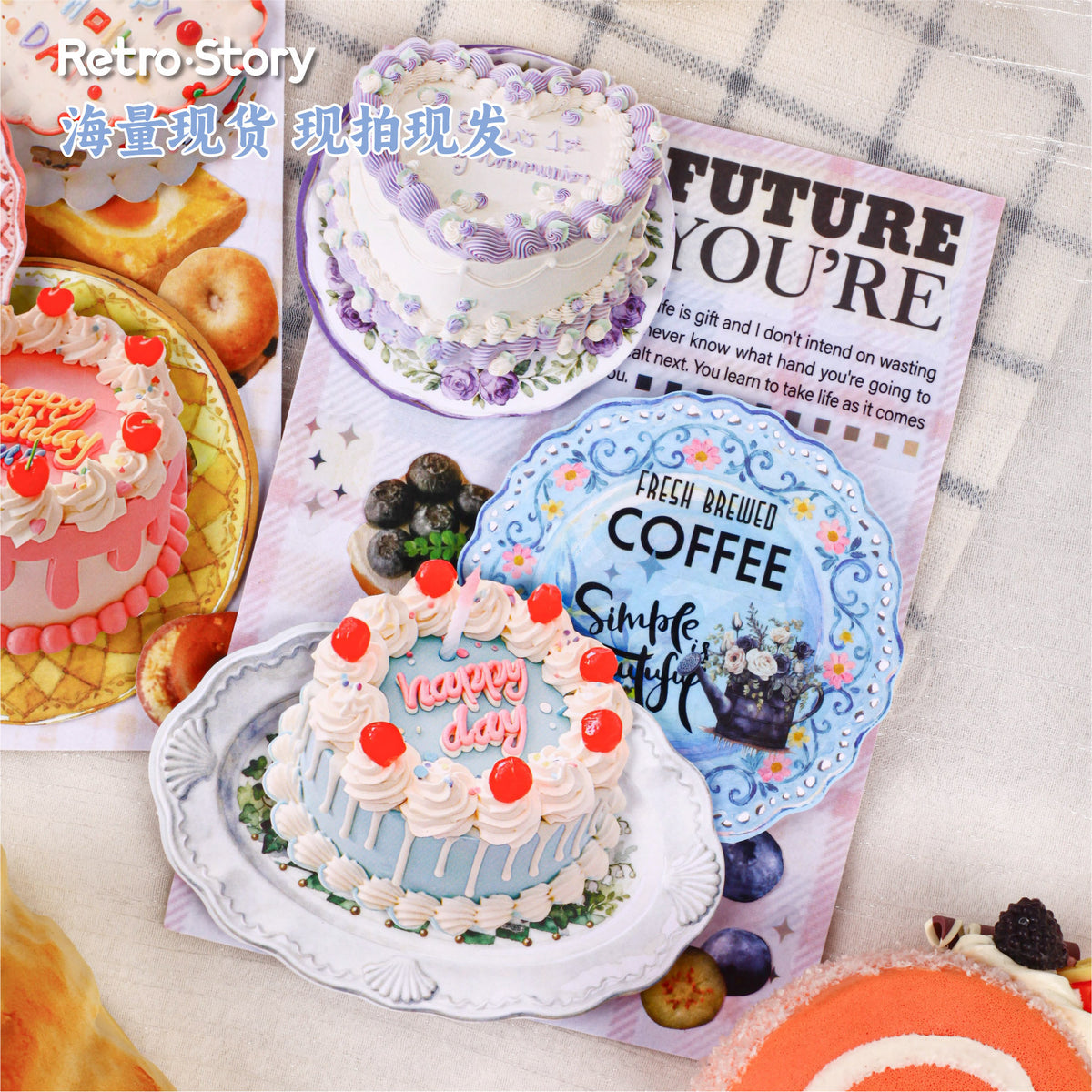 Cross-Border Retrostory Cake Series Cartoon Food Journal Stickers 10 Creative Realistic Base Decoration Stickers