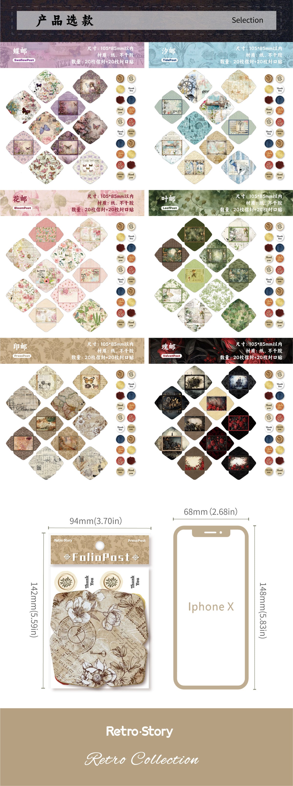 Retrostory Discount Series Mini Sealing Stickers with 20 Creative Decorative Small Envelopes and Handbook Material Collage
