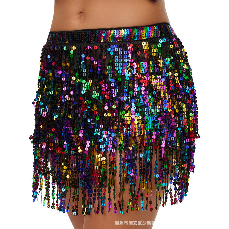 Halloween New Belly Dance Beads Waist Chain 4 Layer Beads Sequins Dance Performance Hip Towel Tassel Waist Seal Belt