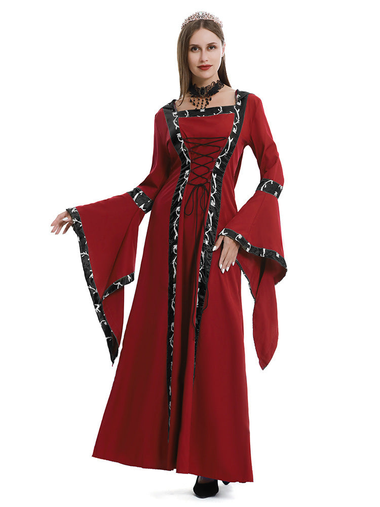 5XL Castle Queen Halloween Retro Medieval Hooded Dress Square Neck Lace-Up Swing Skirt Stage Performance
