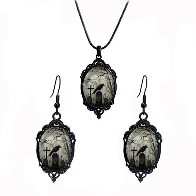 Cross-Border Hot Selling Halloween Gothic Crow Earrings Necklace Set Factory Direct Sale