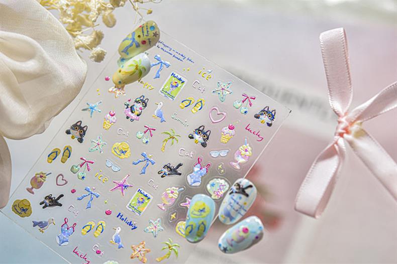 Kitten's Summer Nail Art Stickers Embossed New 3D Ins Fresh Ocean Cute Pet Nail Stickers Decoration