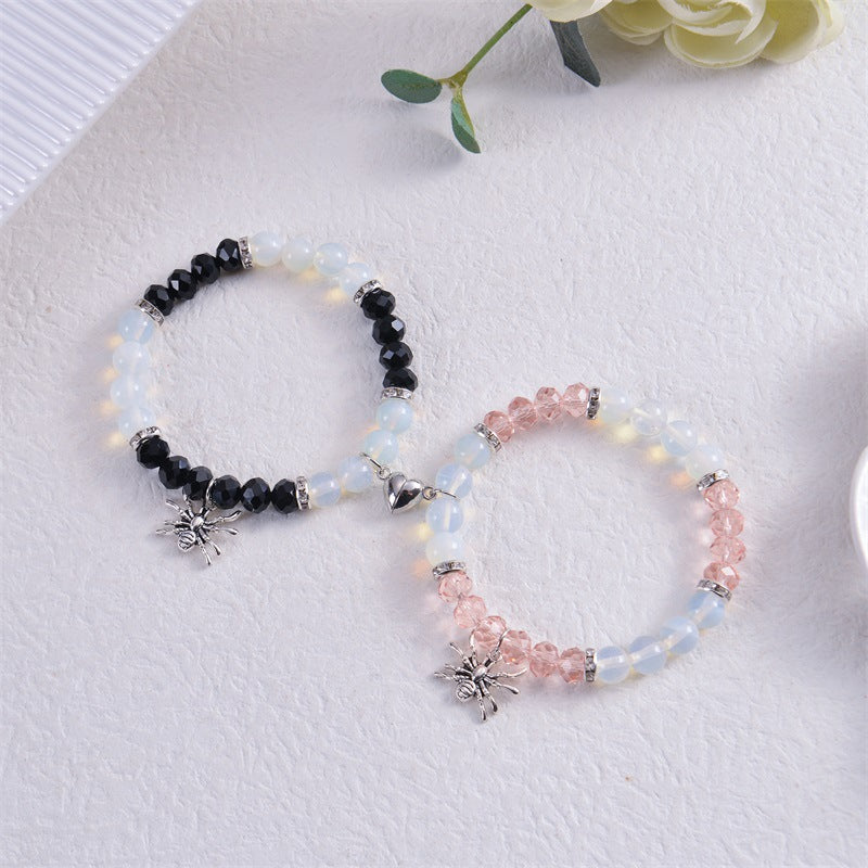 Personalized Dark Wind Halloween Spider Pendant Bracelet suit 8mm Crystal Onyx Stone Beaded Couple Bracelet