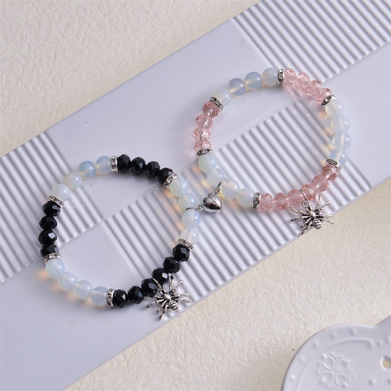 Personalized Dark Wind Halloween Spider Pendant Bracelet suit 8mm Crystal Onyx Stone Beaded Couple Bracelet