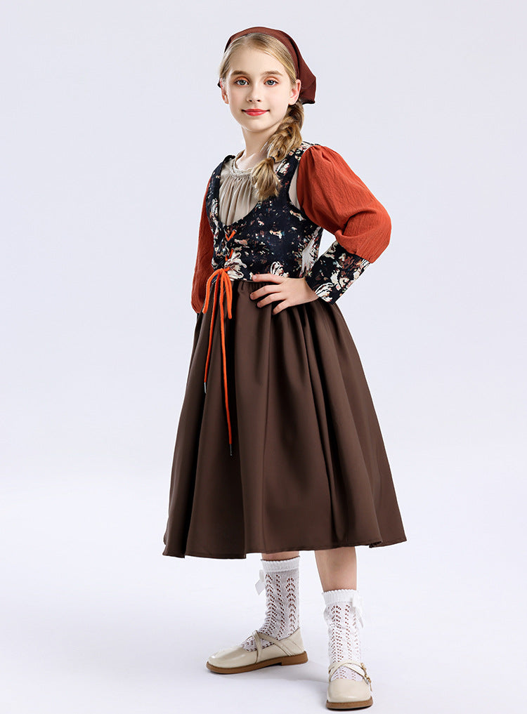 Foreign Trade Supply Medieval Pastoral Style Farm Girl Dress Retro Oil Painting Style Halloween Children's Clothing