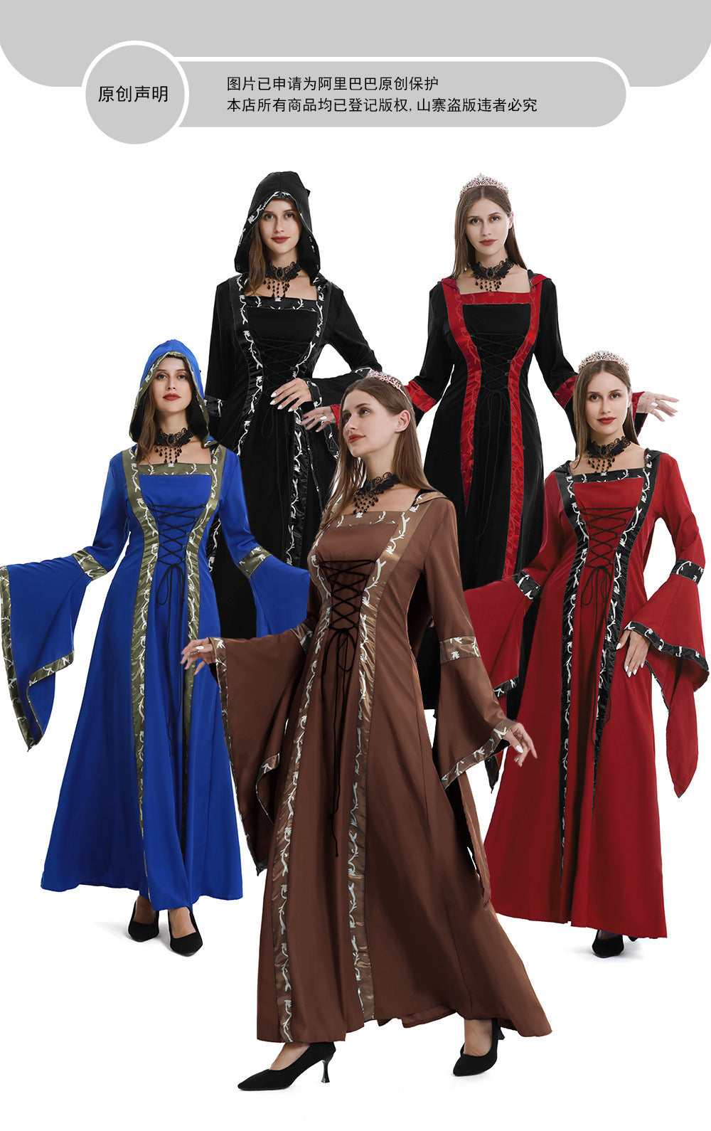 5XL Castle Queen Halloween Retro Medieval Hooded Dress Square Neck Lace-Up Swing Skirt Stage Performance