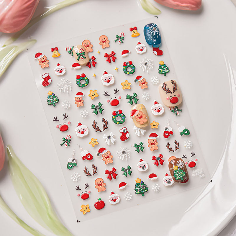 Crystal Diamond Happy Christmas Nail Art Stickers Tomoni Embossed Ins Cute Elk Gingerbread Man Nail Sticker Decoration