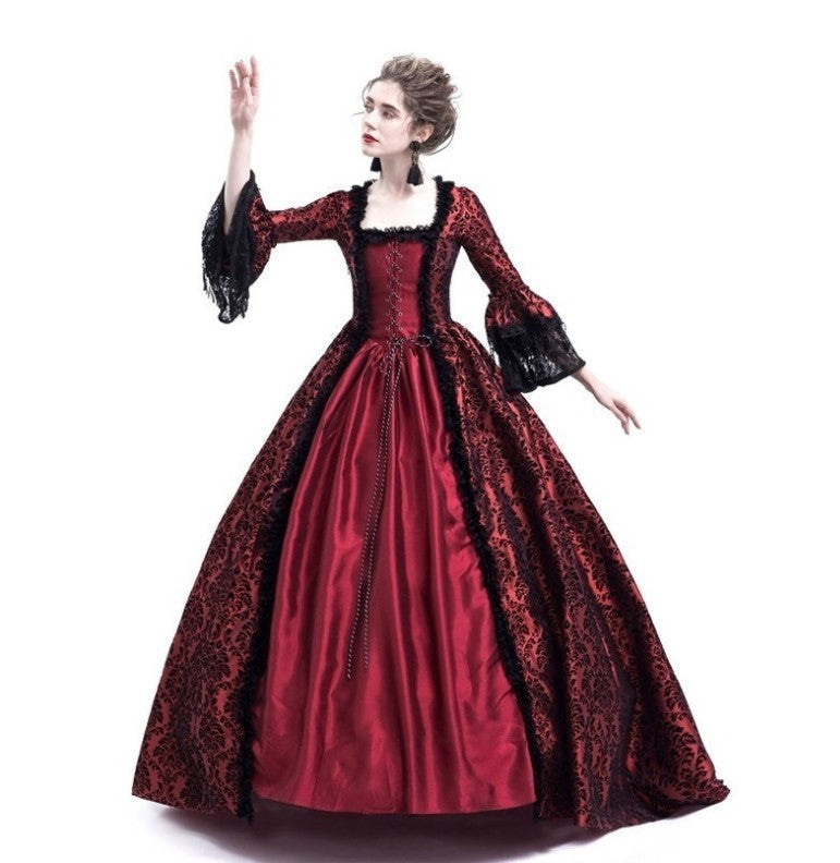 Cross-border foreign trade Halloween Victorian court dress women's long dress lace stitching bell sleeve dress women