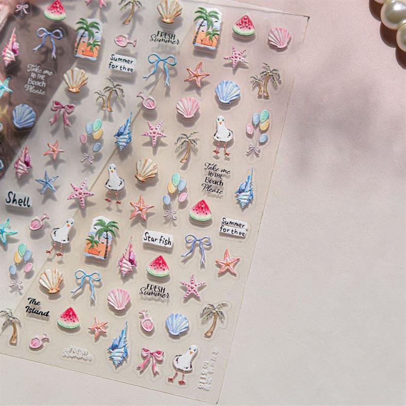 Kitten's Summer Nail Art Stickers Embossed New 3D Ins Fresh Ocean Cute Pet Nail Stickers Decoration