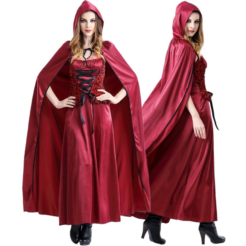 Adult Female Halloween Cosplay Little Red Riding Hood Costume Fairy Tale Role-Playing Dress Grandma Wolf Cape