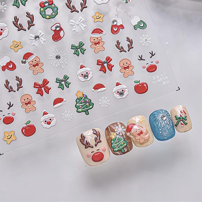 Crystal Diamond Happy Christmas Nail Art Stickers Tomoni Embossed Ins Cute Elk Gingerbread Man Nail Sticker Decoration