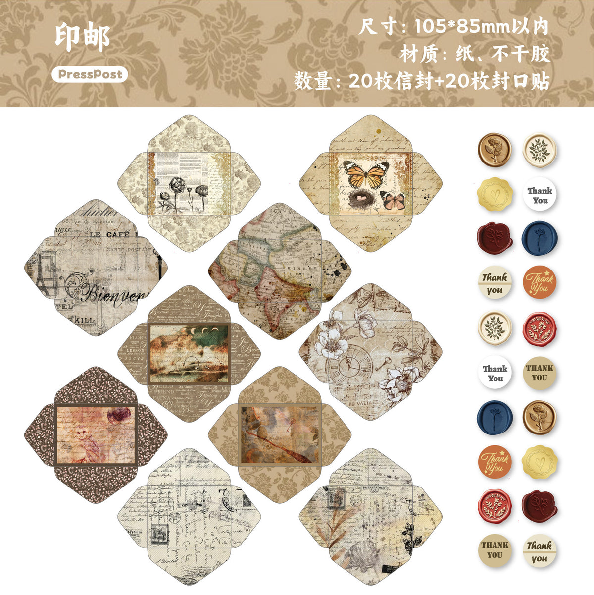 Retrostory Discount Series Mini Sealing Stickers with 20 Creative Decorative Small Envelopes and Handbook Material Collage