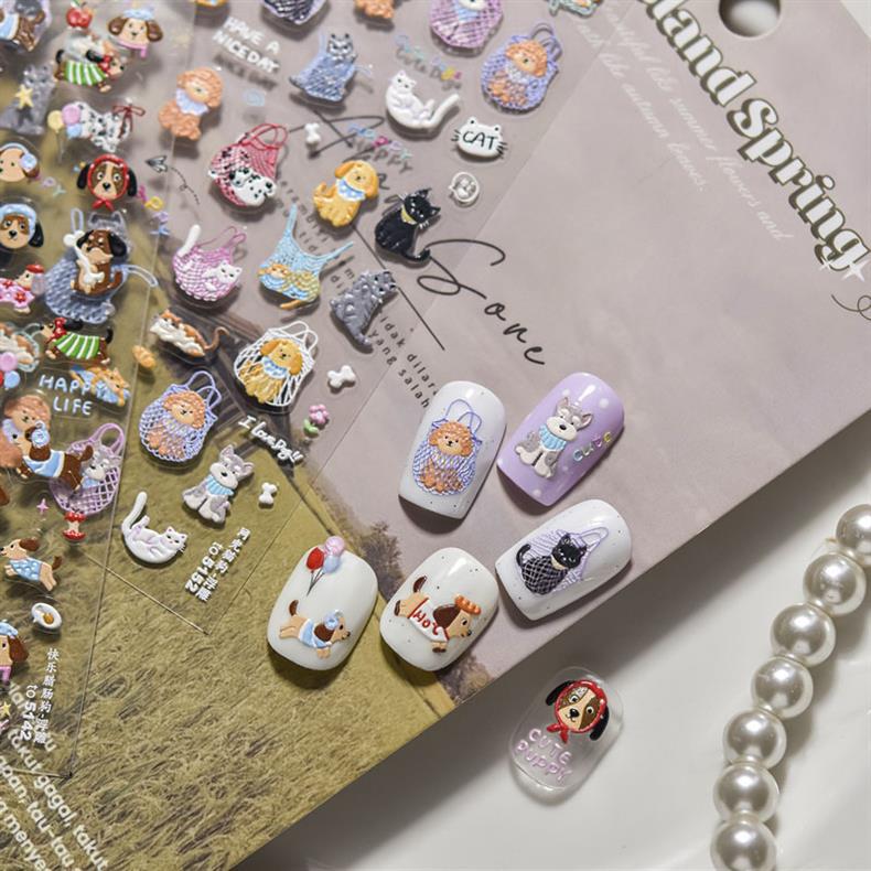 Happy Cute Pet Cat and Puppy Nail Art Stickers Embossed New 3D Stereo 5D Cute Nail Sticker Decorations