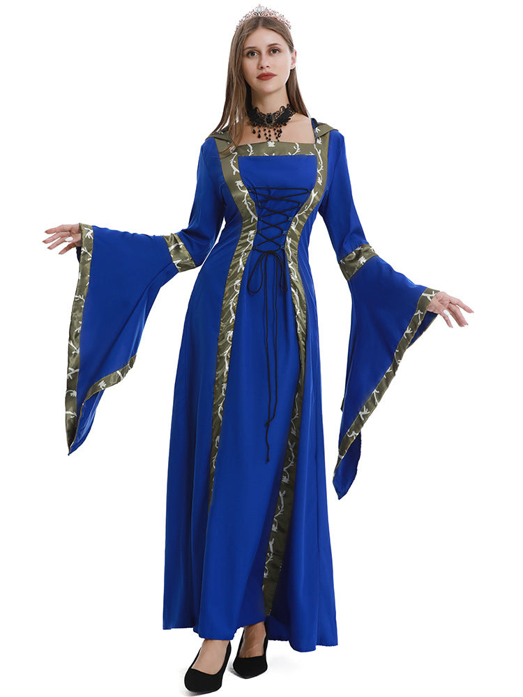 European and American Halloween Retro Medieval Hooded Dress Square Collar Lace-up Trumpet Sleeve Large Dress Stage Performance Dress
