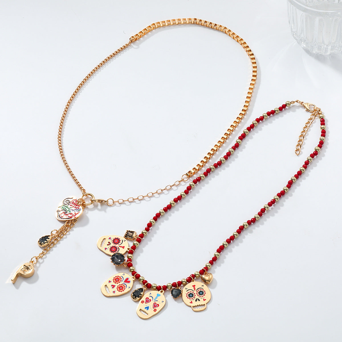 Za European and American Retro Halloween Metal Skull Heart Whistle Two-Piece Necklace Hand-Woven Cross-Border Supply