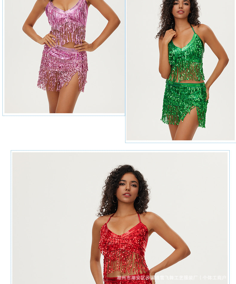 Halloween European and American sequins watch performance top belly dance tassel top DS nightclub stage sling party bra