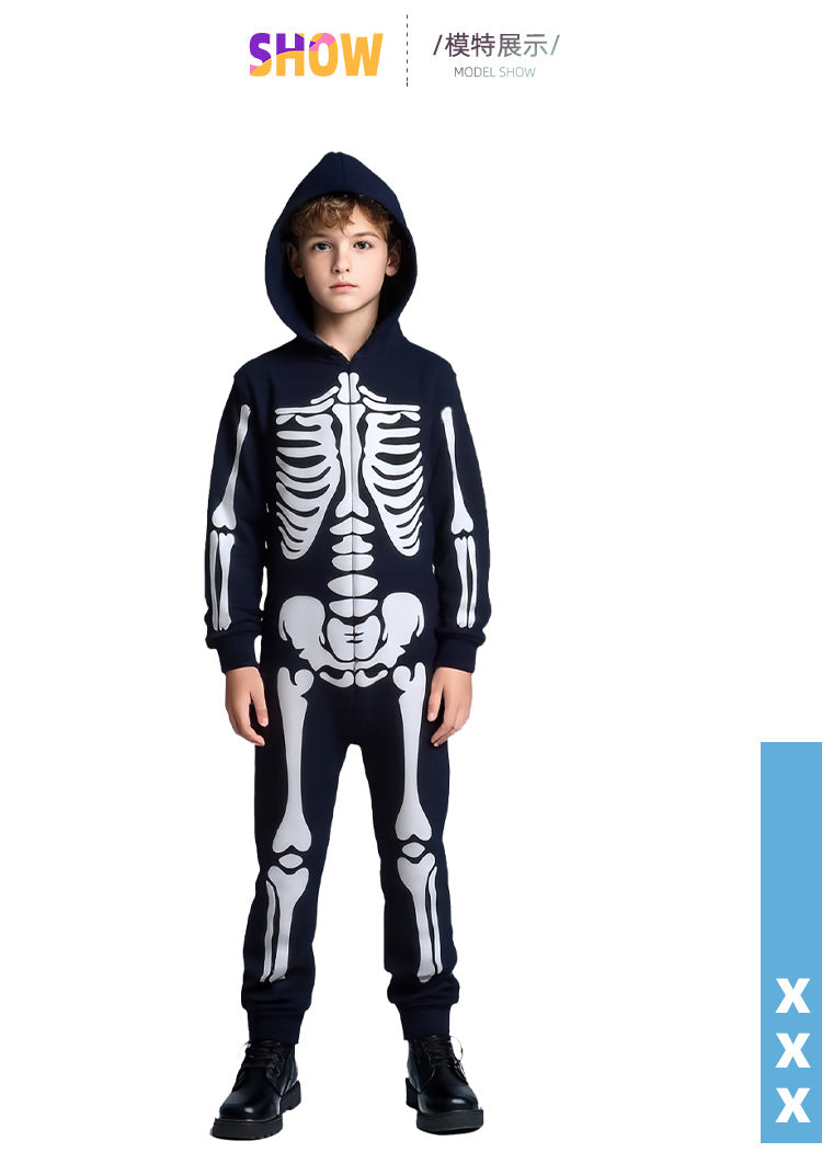 Cross-border Halloween Children's Costume Skull Skeleton White Luminous Ghost Costume Playing One-piece Hooded Costume Costume