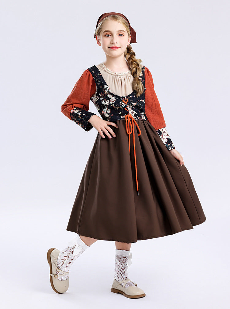 Foreign Trade Supply Medieval Pastoral Style Farm Girl Dress Retro Oil Painting Style Halloween Children's Clothing